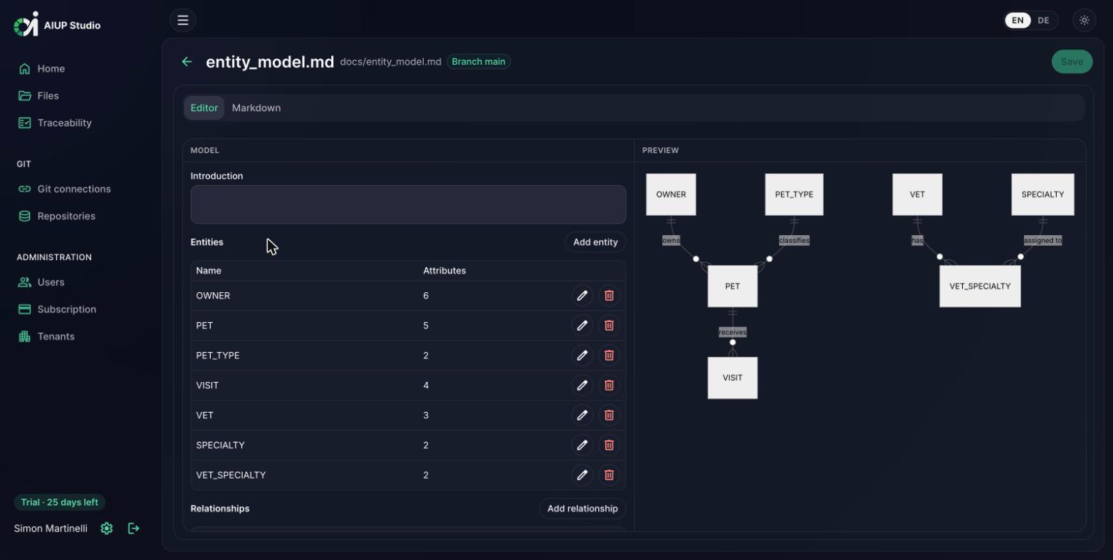 AIUP Studio entity model editor with generated ER diagram (dark mode)