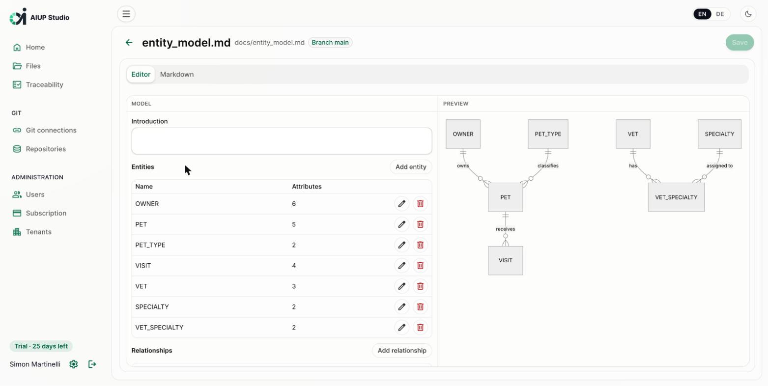 AIUP Studio entity model editor with generated ER diagram (light mode)