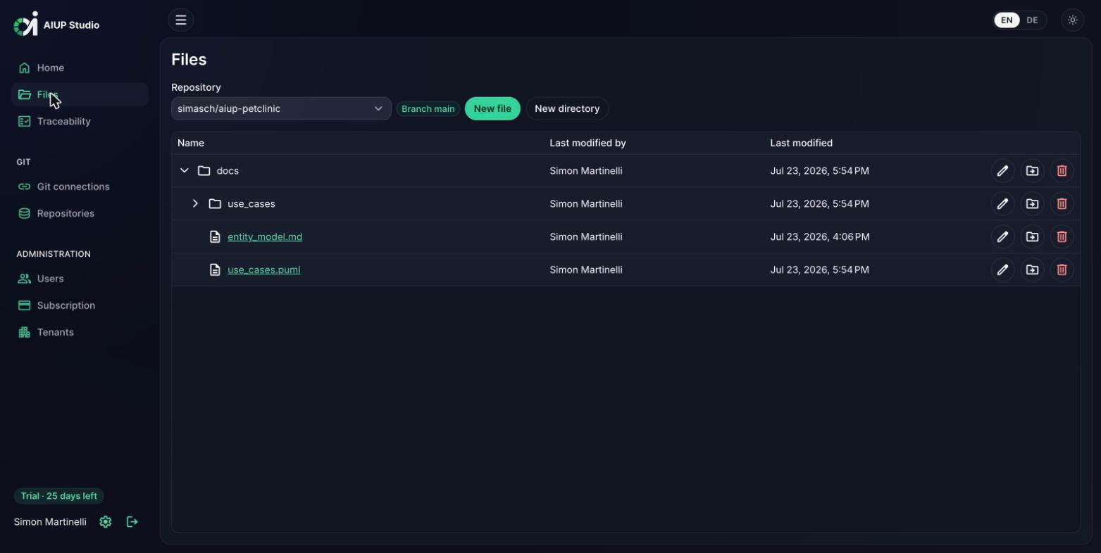 AIUP Studio files view showing the docs folder of the repository (dark mode)