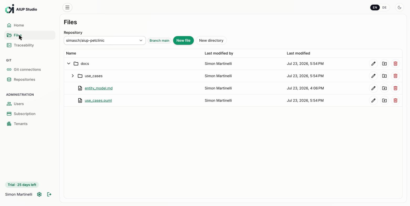 AIUP Studio files view showing the docs folder of the repository (light mode)