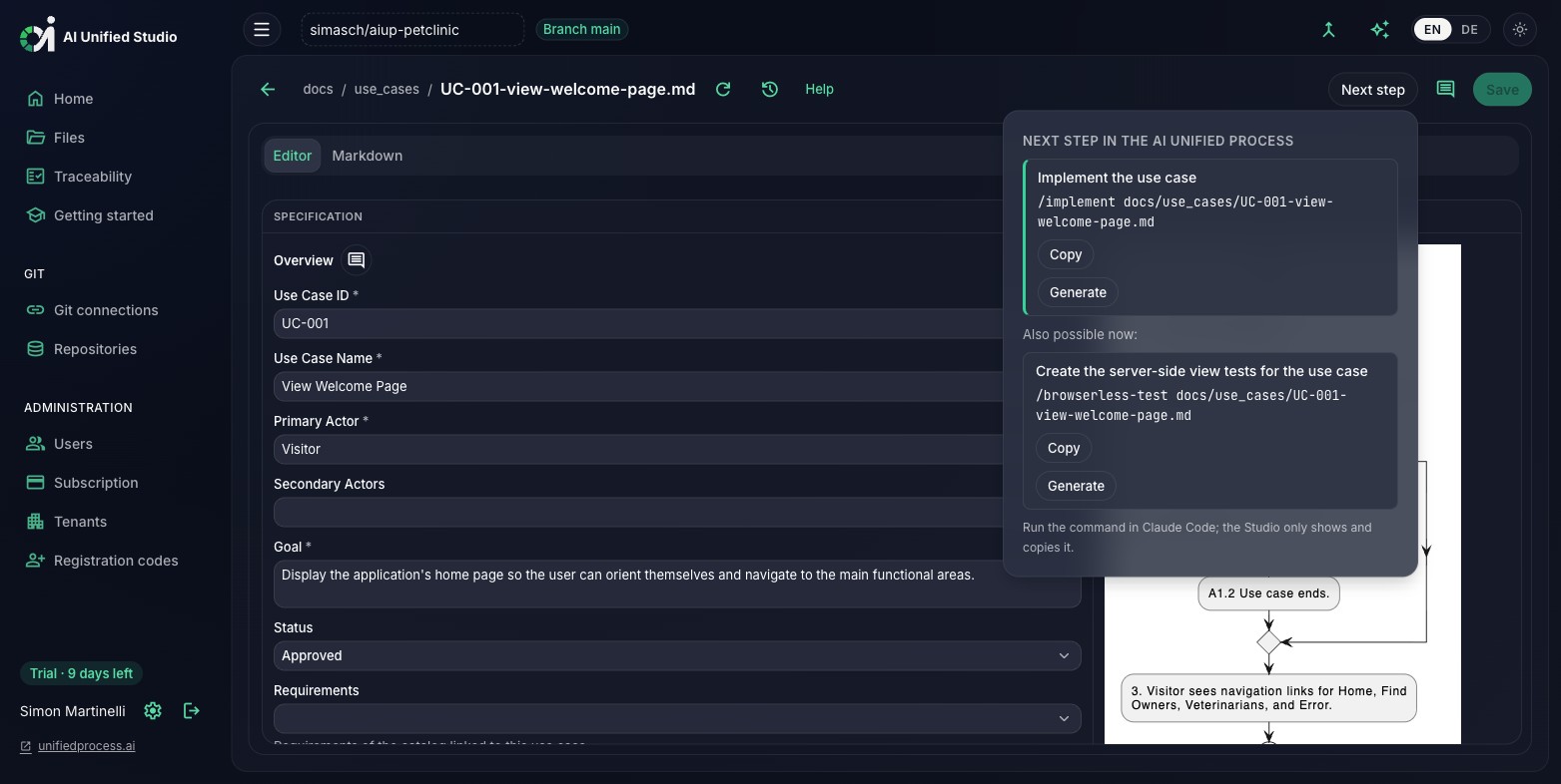 Studio Panel mit dem nächsten Prozessschritt: Kommando kopieren oder generieren (Dark Mode)