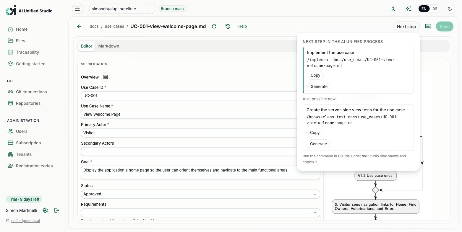 Studio Panel mit dem nächsten Prozessschritt: Kommando kopieren oder generieren (Light Mode)