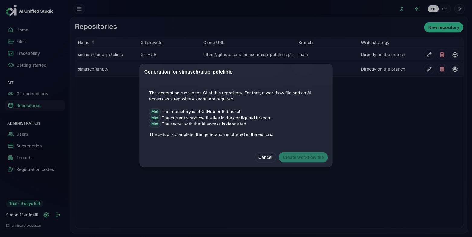 Studio Einrichtung der Generierung mit geprüften und erfüllten Voraussetzungen (Dark Mode)