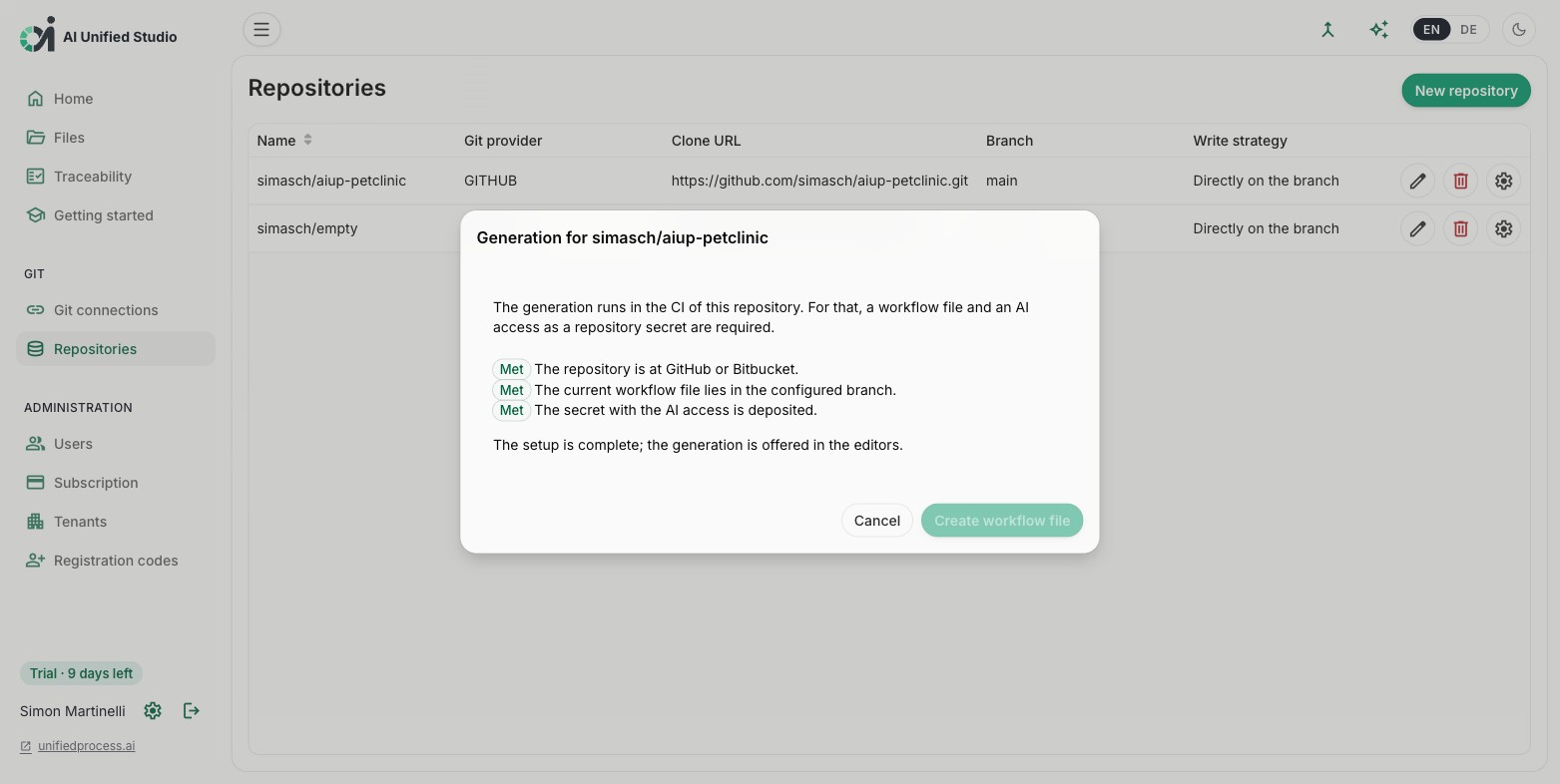Studio Einrichtung der Generierung mit geprüften und erfüllten Voraussetzungen (Light Mode)
