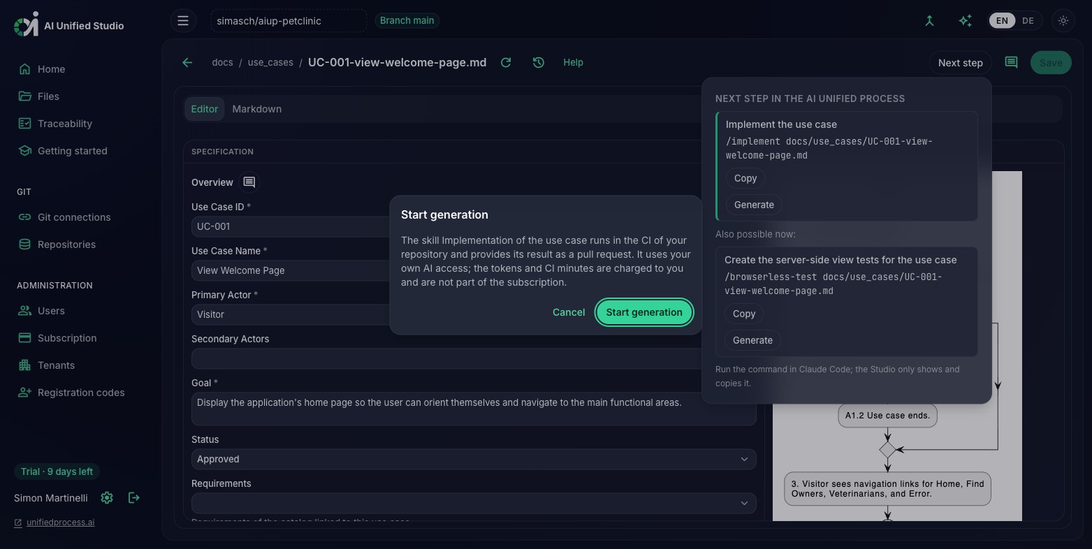 Studio Dialog zum Starten der Generierung mit Hinweis auf CI-Lauf und Pull Request (Dark Mode)