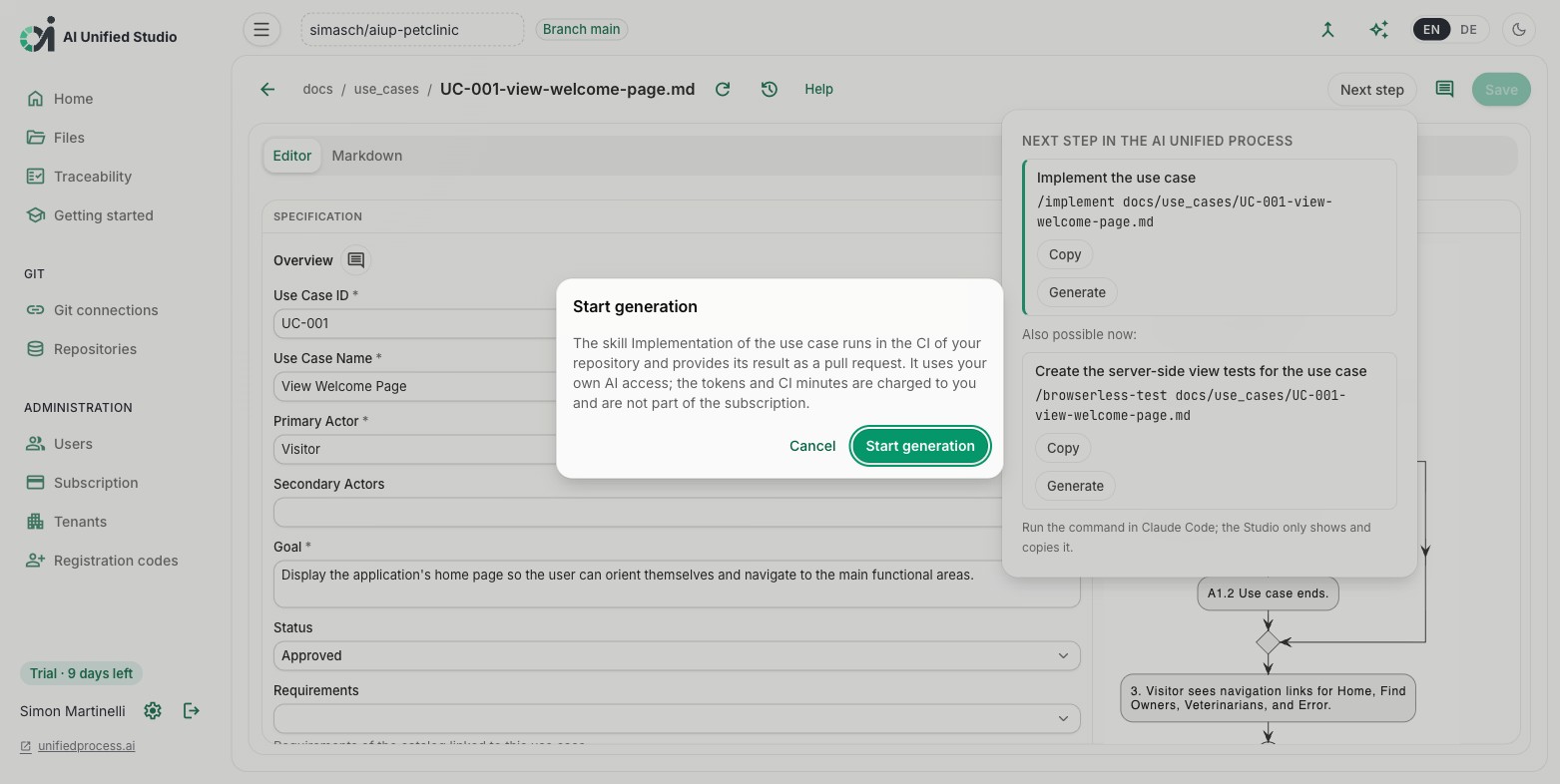 Studio Dialog zum Starten der Generierung mit Hinweis auf CI-Lauf und Pull Request (Light Mode)