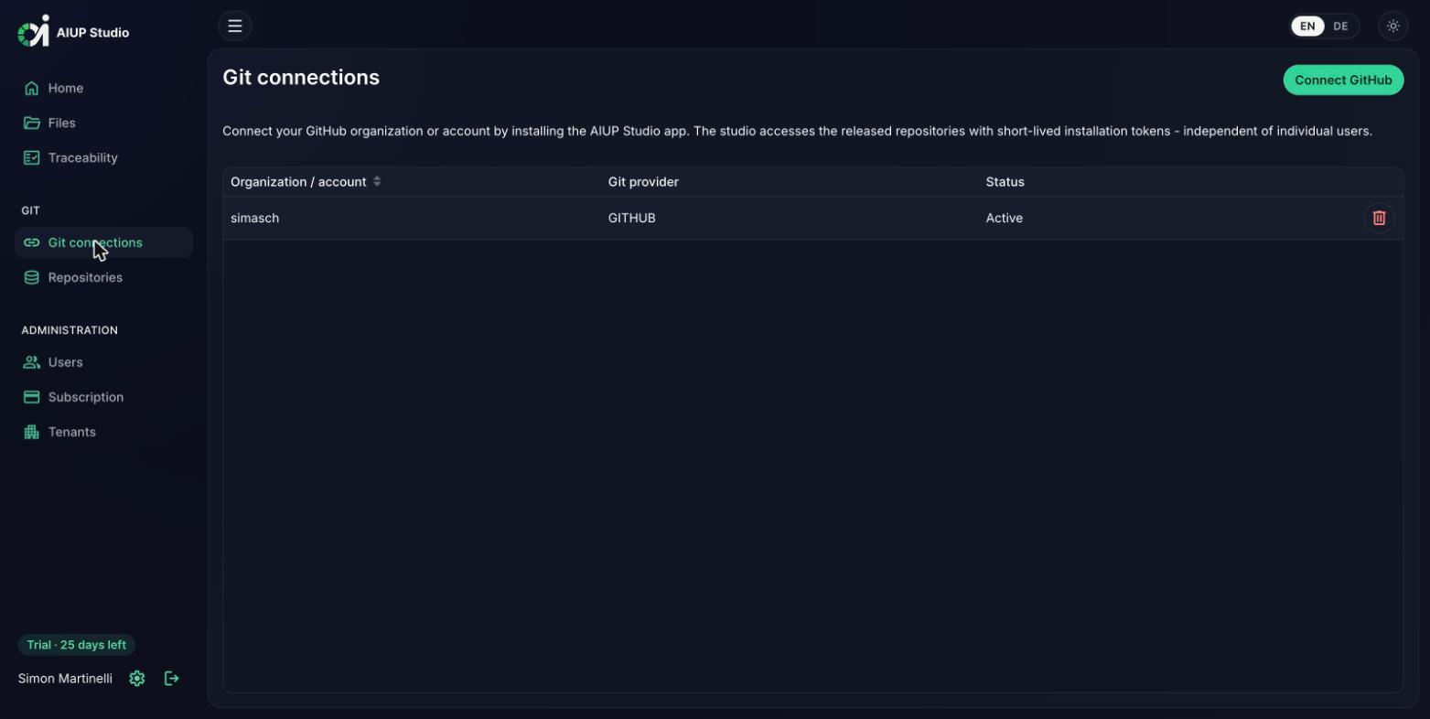 AIUP Studio Git connections view with a connected GitHub account (dark mode)