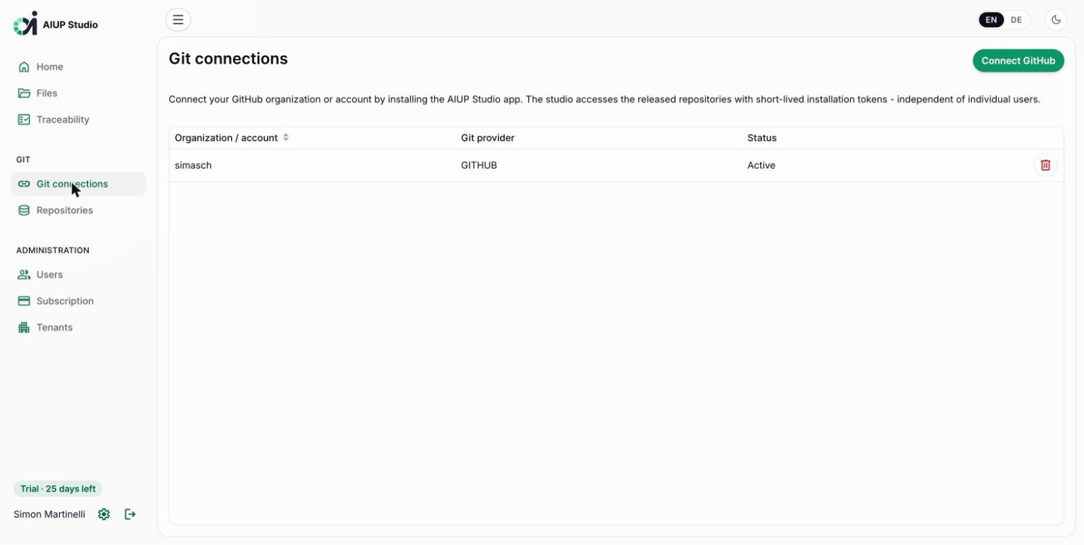AIUP Studio Git connections view with a connected GitHub account (light mode)