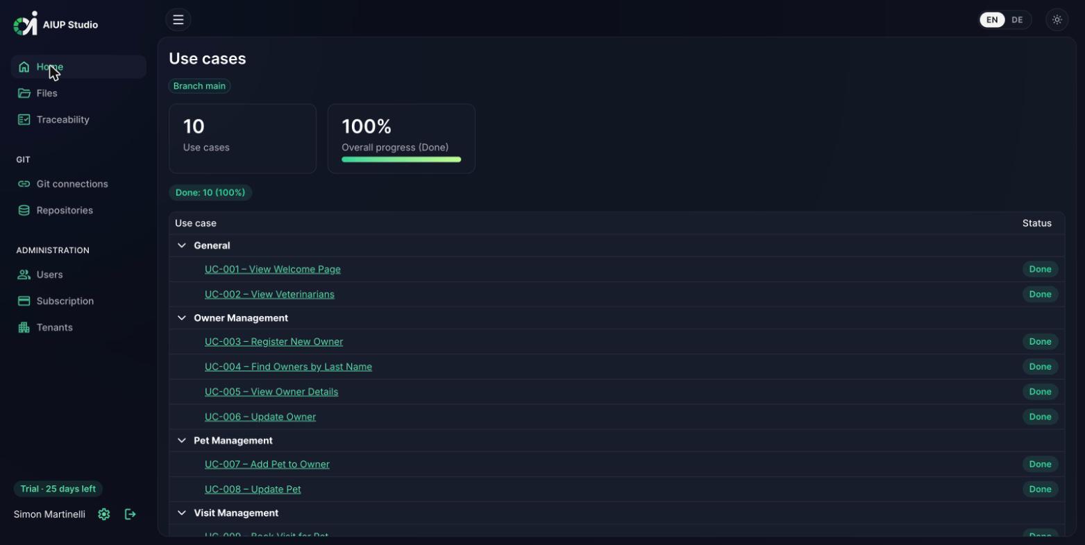 AIUP Studio home view with use case overview and progress (dark mode)