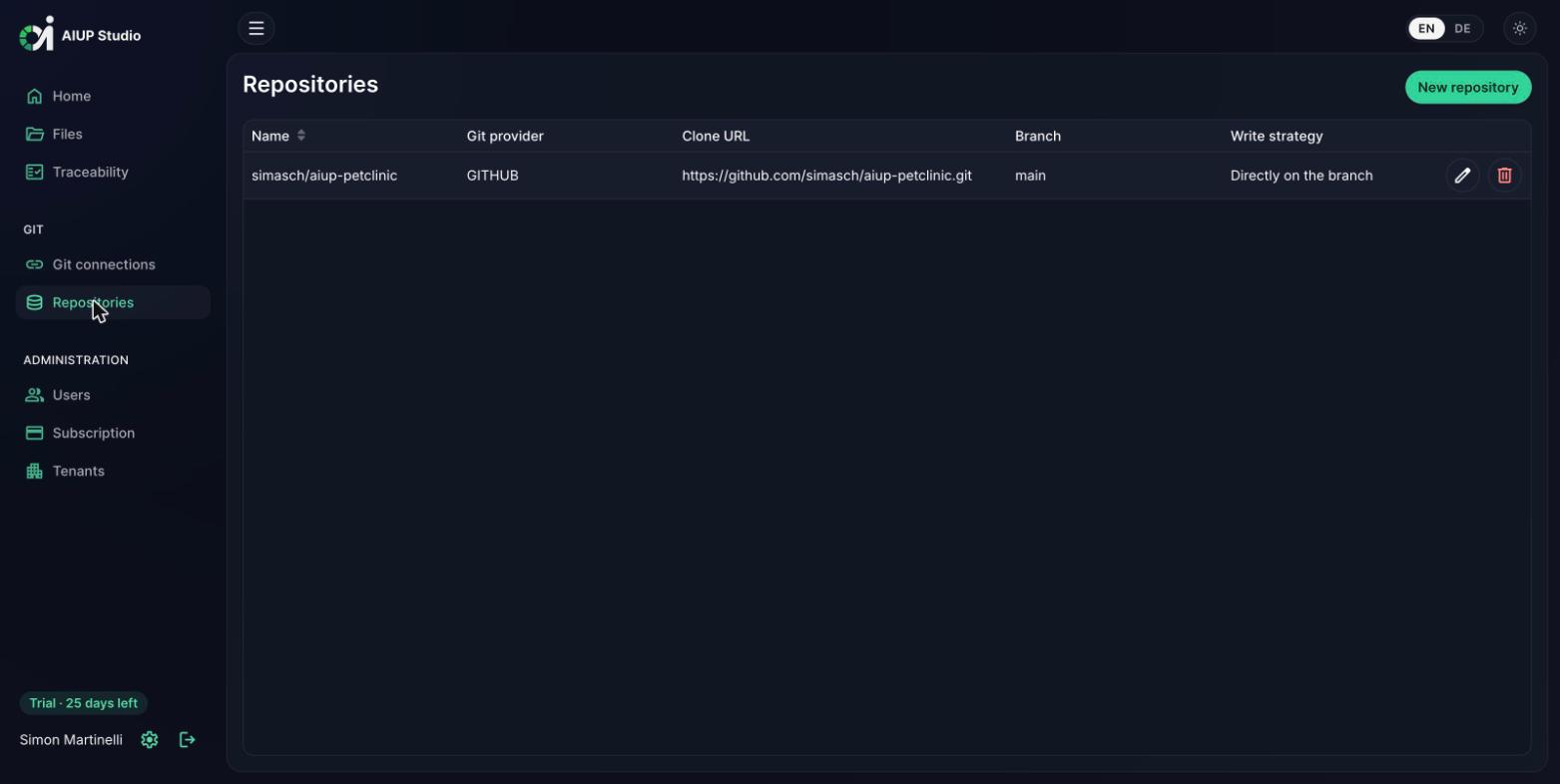 AIUP Studio repositories view with branch and write strategy configuration (dark mode)