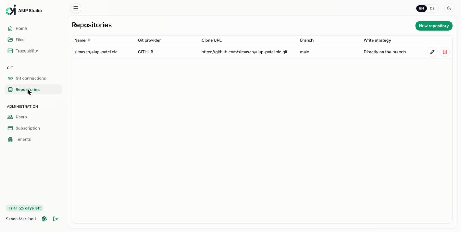 AIUP Studio repositories view with branch and write strategy configuration (light mode)