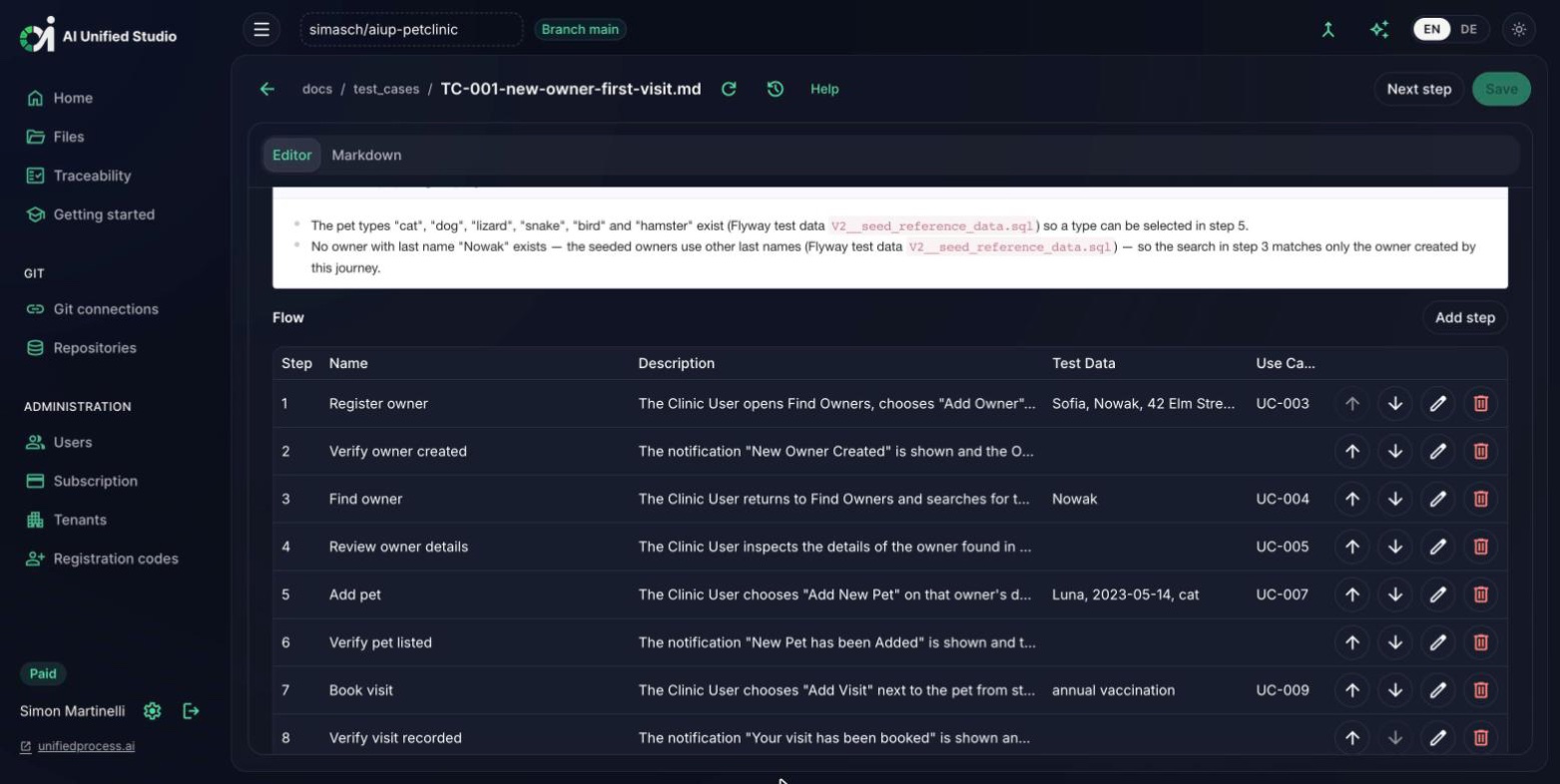 Studio test case editor with the journey flow as a step table (dark mode)