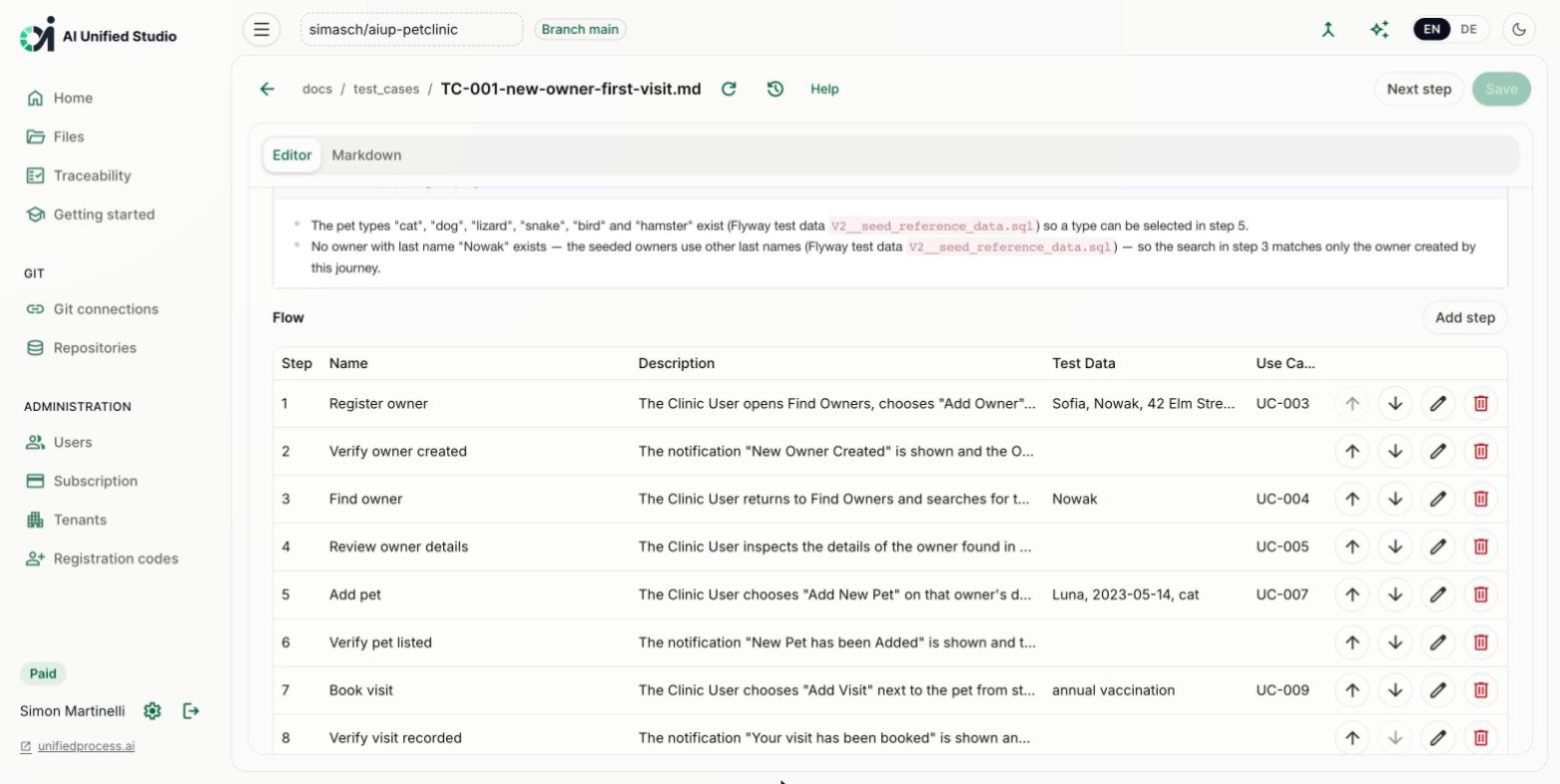 Studio test case editor with the journey flow as a step table (light mode)