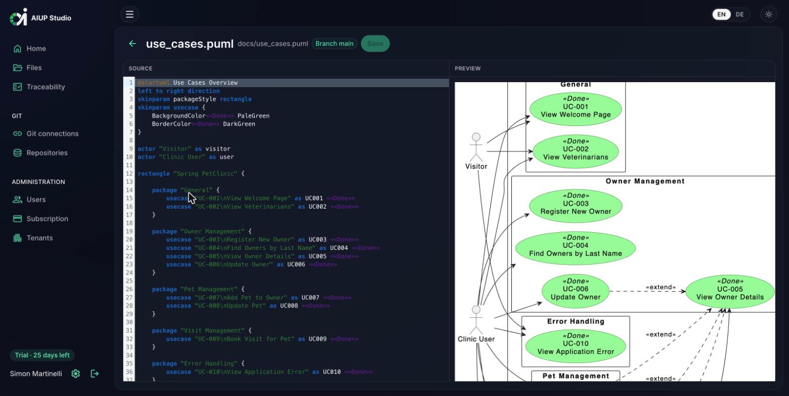 AIUP Studio PlantUML editor for the use case diagram with live preview (dark mode)