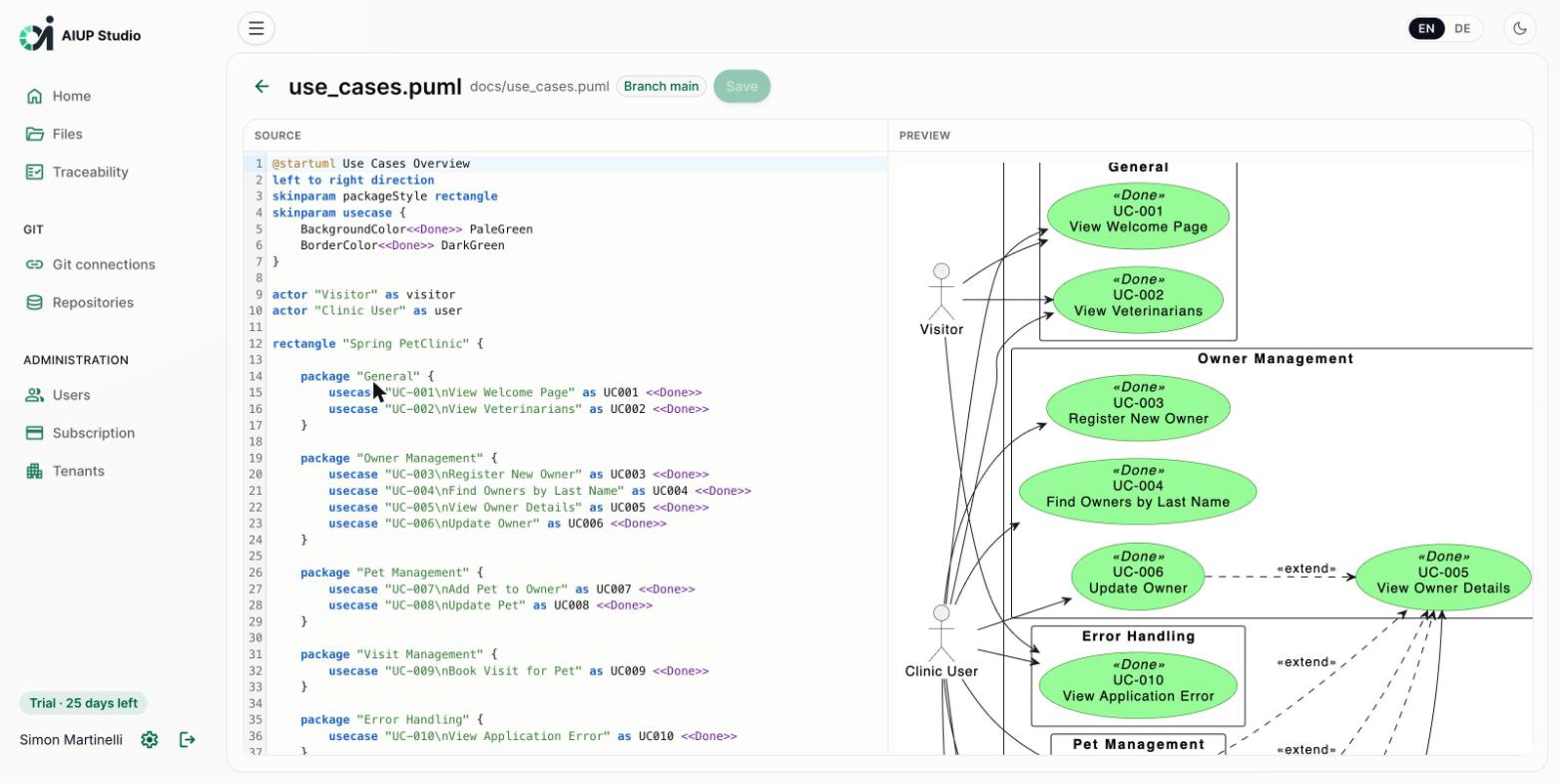 AIUP Studio PlantUML editor for the use case diagram with live preview (light mode)