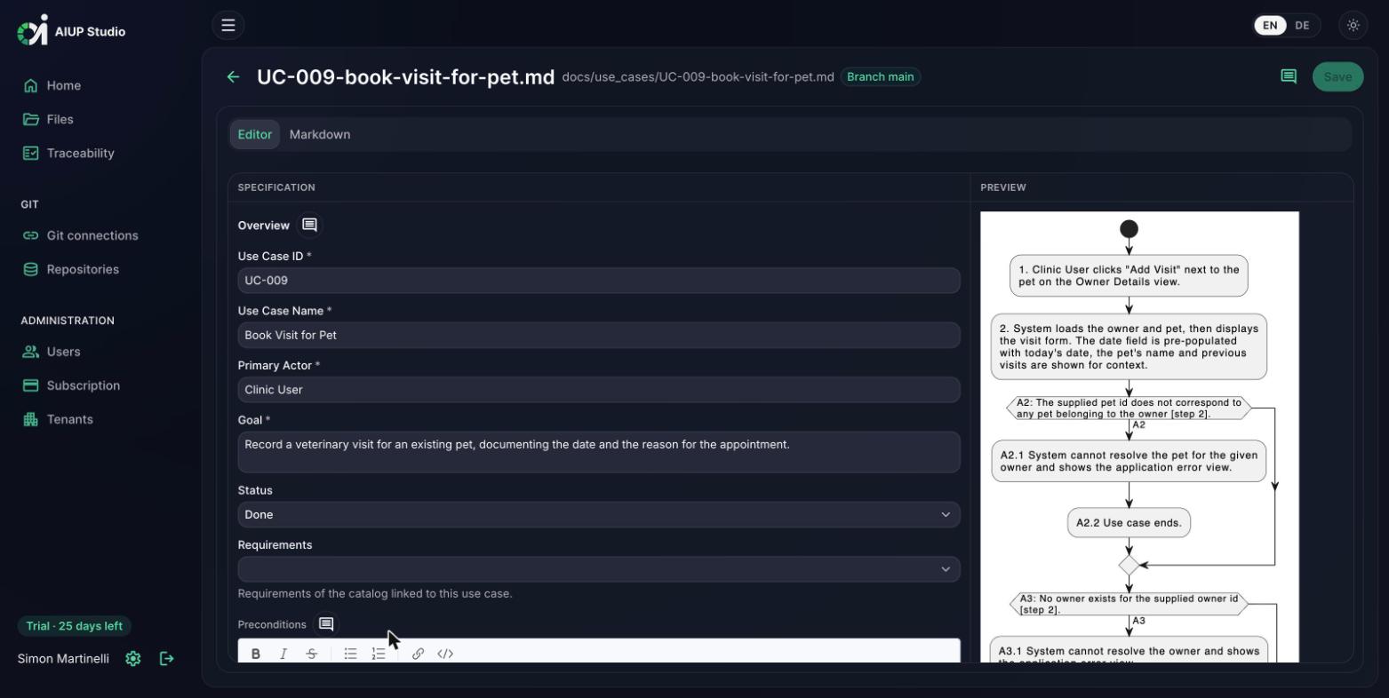 AIUP Studio use case specification editor with generated activity diagram (dark mode)