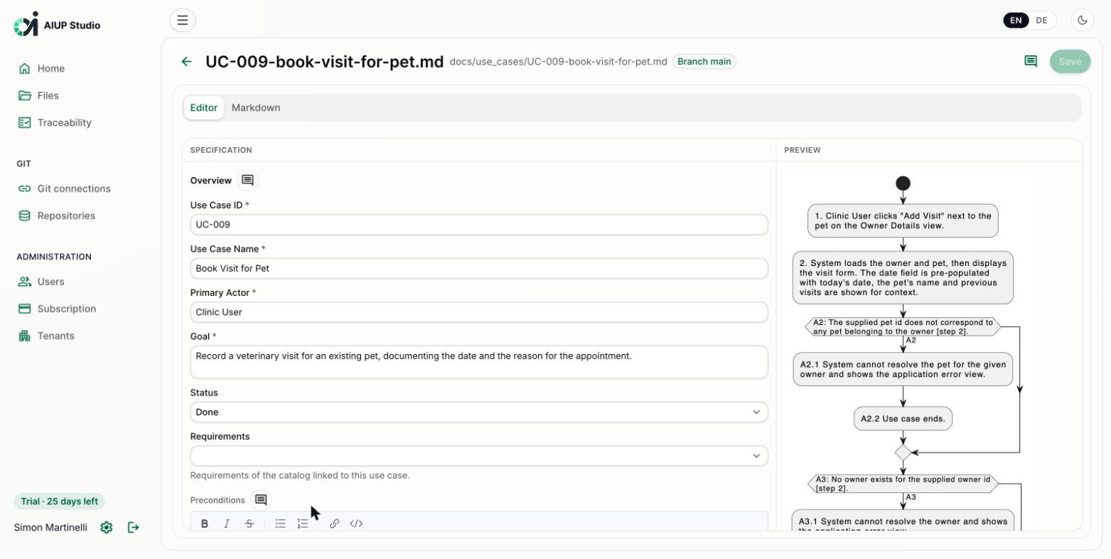 AIUP Studio use case specification editor with generated activity diagram (light mode)