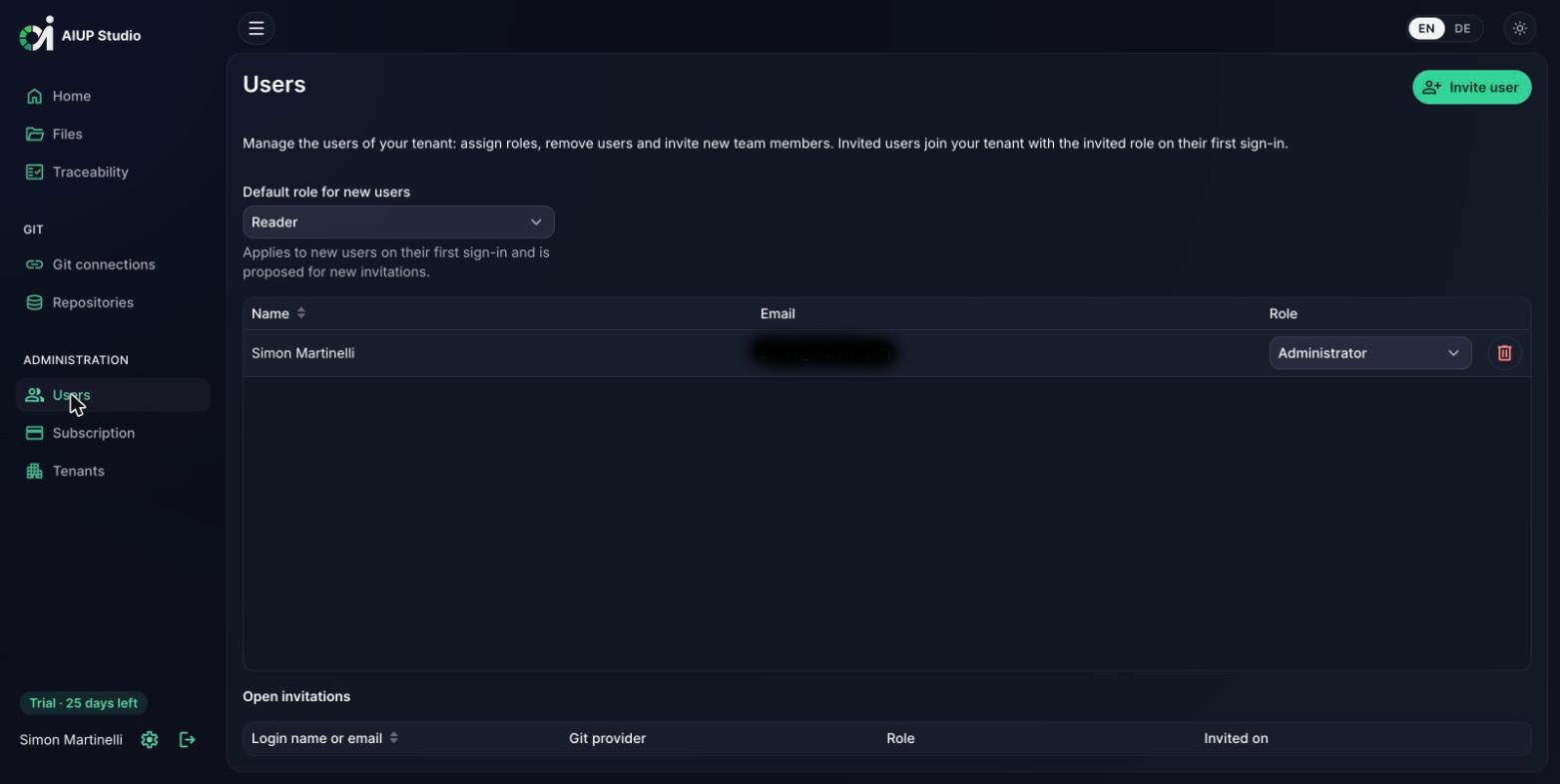 AIUP Studio users view with role management and invitations (dark mode)
