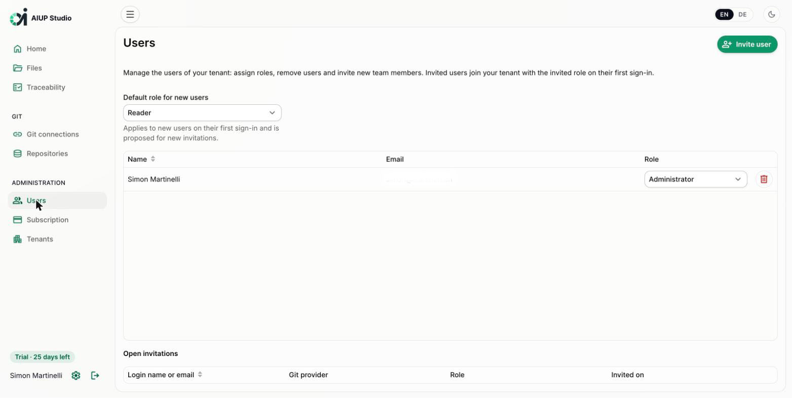 AIUP Studio users view with role management and invitations (light mode)